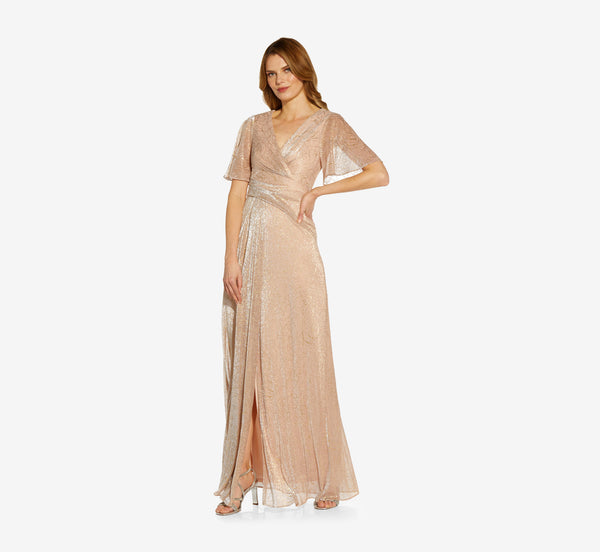 Adrianna Papell Metallic Mesh Draped Gown - Rose Gold Adrianna Papell Metallic Mesh Draped Gown - Rose Gold