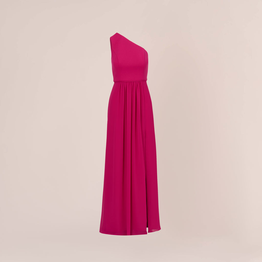 One-Shoulder Chiffon Long Gown In Bright Magenta