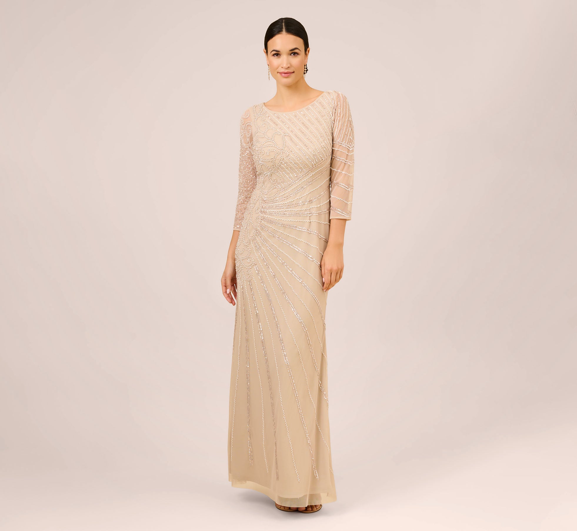 Hand-beaded Illusion Column Gown With Bell Sleeves Rose Gold