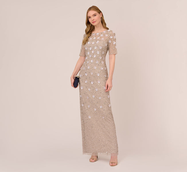 Grey Long Hand Beaded 3D Floral Dress With Elbow Sleeves
