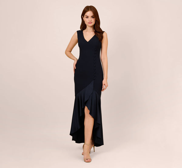 Satin Crepe High/Low Gown With Button Details In Dark Navy