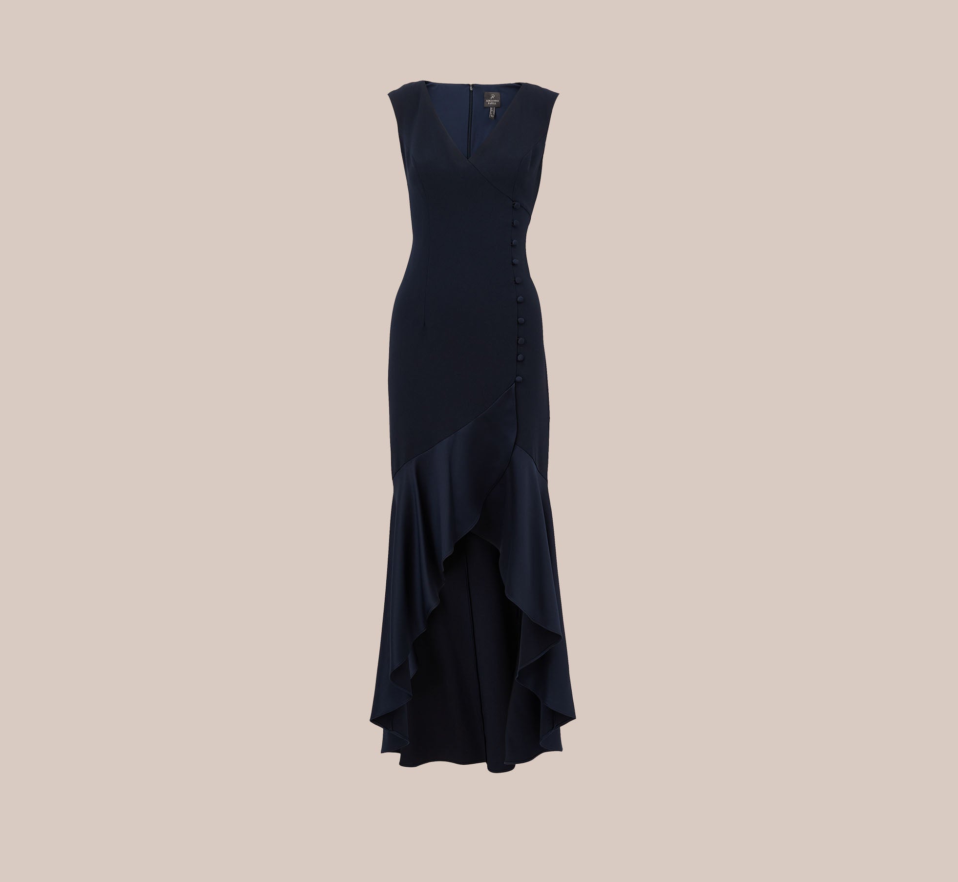Satin Crepe High/Low Gown With Button Details In Dark Navy