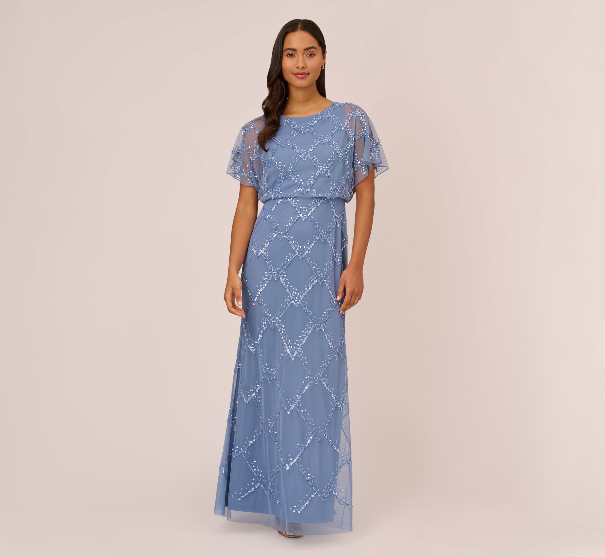 Hand-Beaded Blouson Long Gown With Flutter Sleeves In French Blue-French Blue / Regular / 0 Hand-Beaded Blouson Long Gown With Flutter Sleeves In French Blue-French Blue / Regular / 0