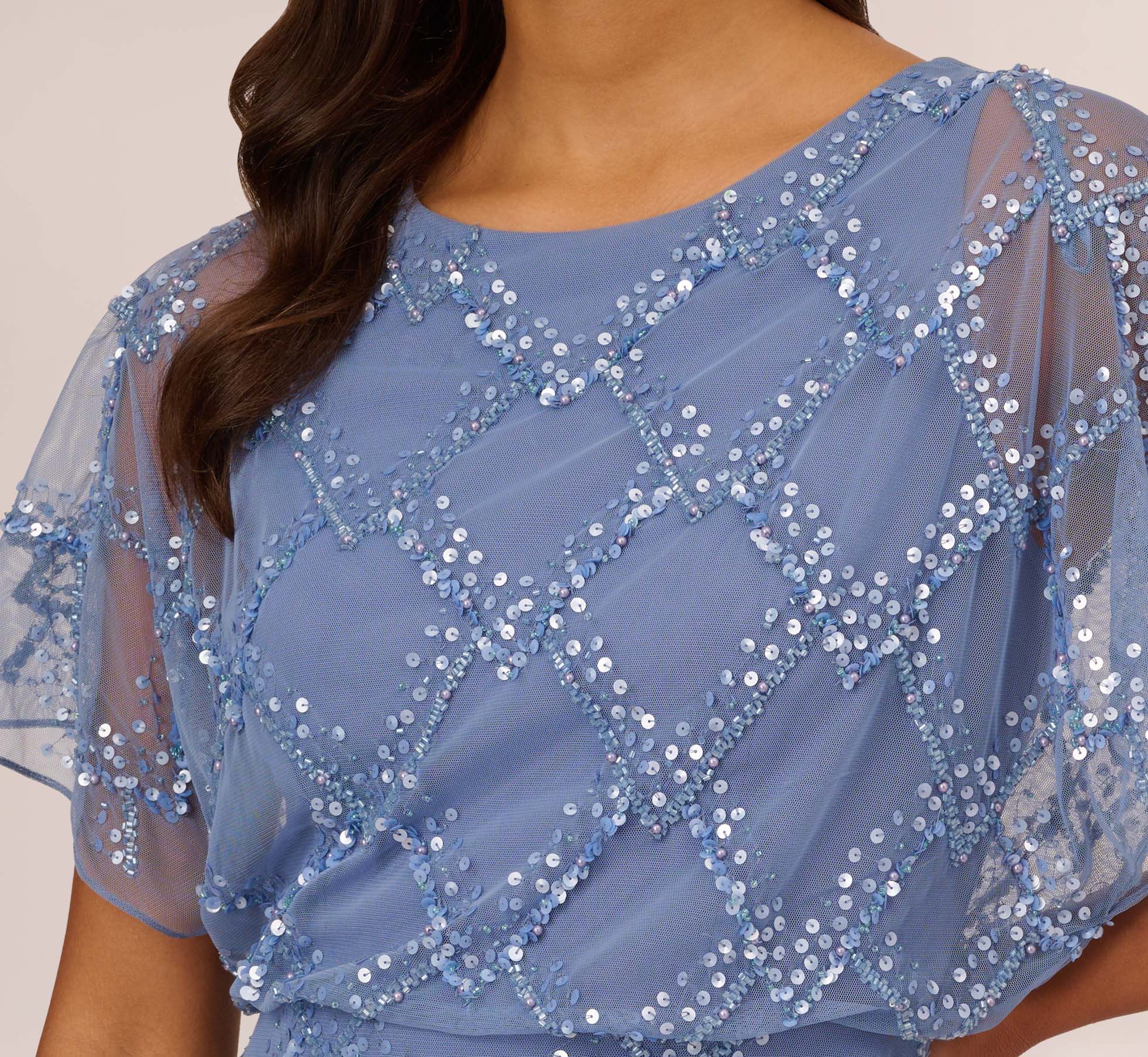 adrianna papell french blue dress Foiled Mermaid Gown With Halter Neckline In French Blue main image 1
