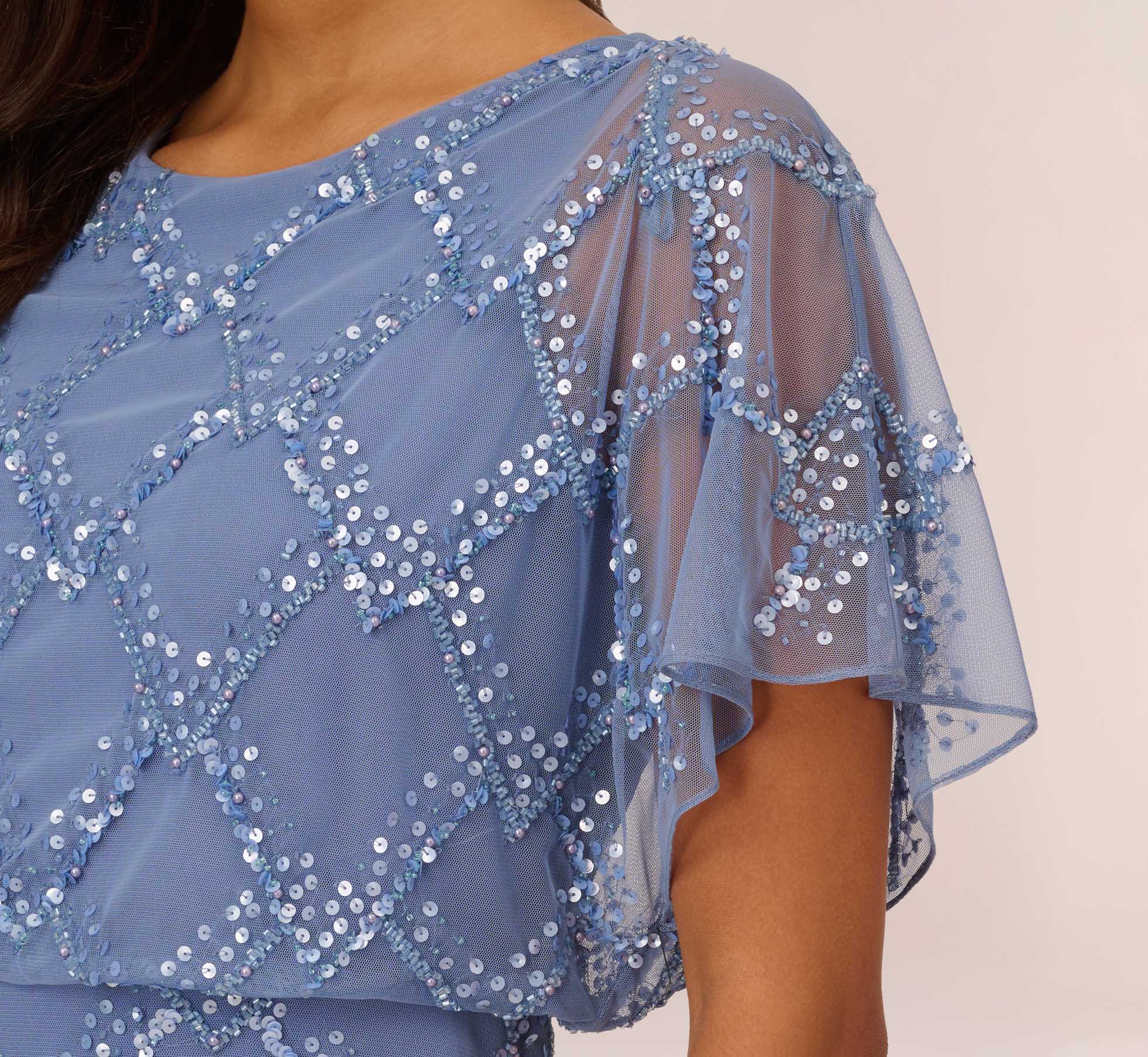 Blue Hand-Beaded Blouson Long Gown With Flutter Sleeves - Adrianna Papell Blue Hand-Beaded Blouson Long Gown With Flutter Sleeves - Adrianna Papell