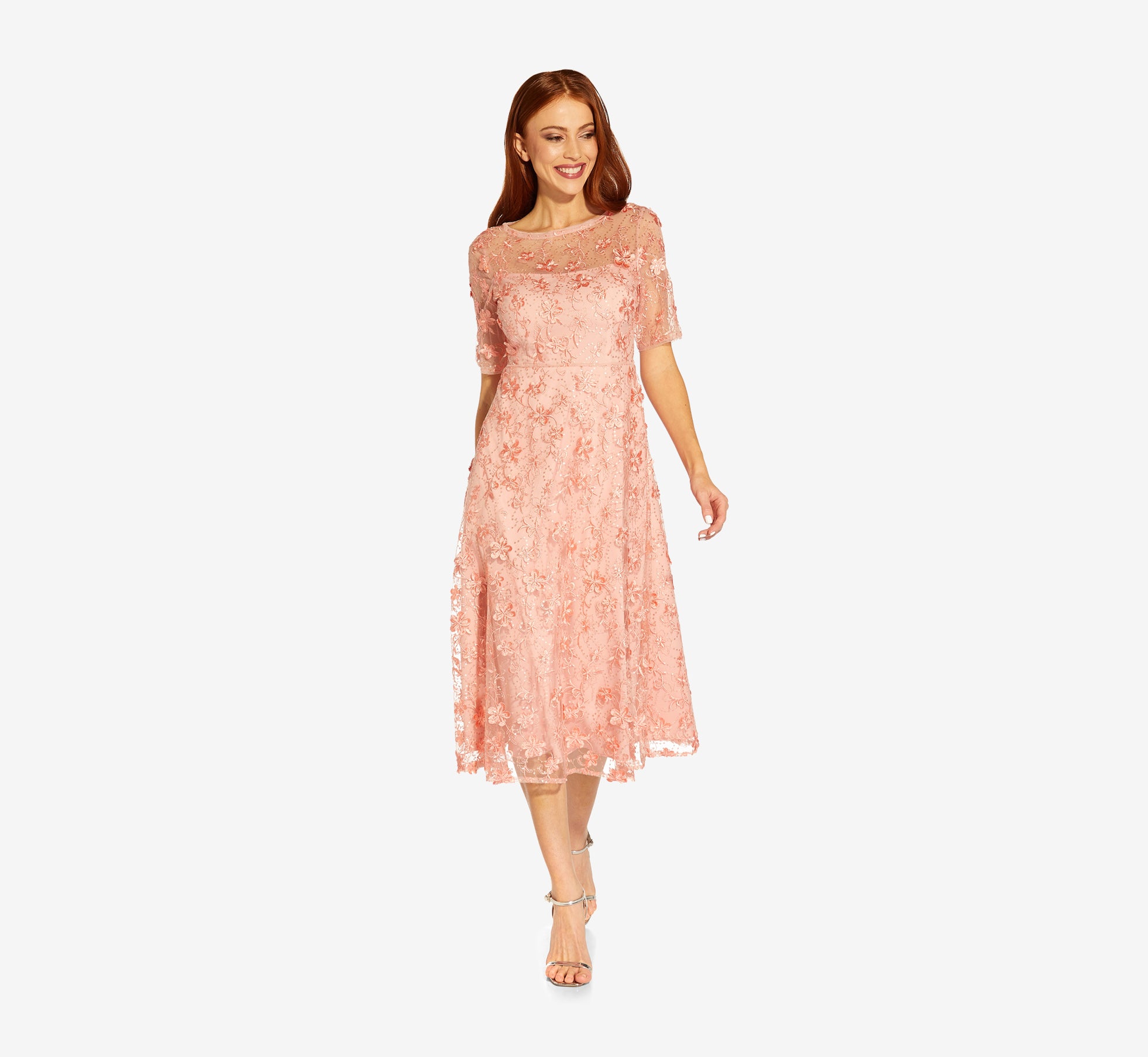 impressive blossom black 3d floral embroidered midi dress 3D Floral Embroidered And Hand-Sequined Tea-Length Fit-And Flare Cocktail  Dress In Peach Blossom