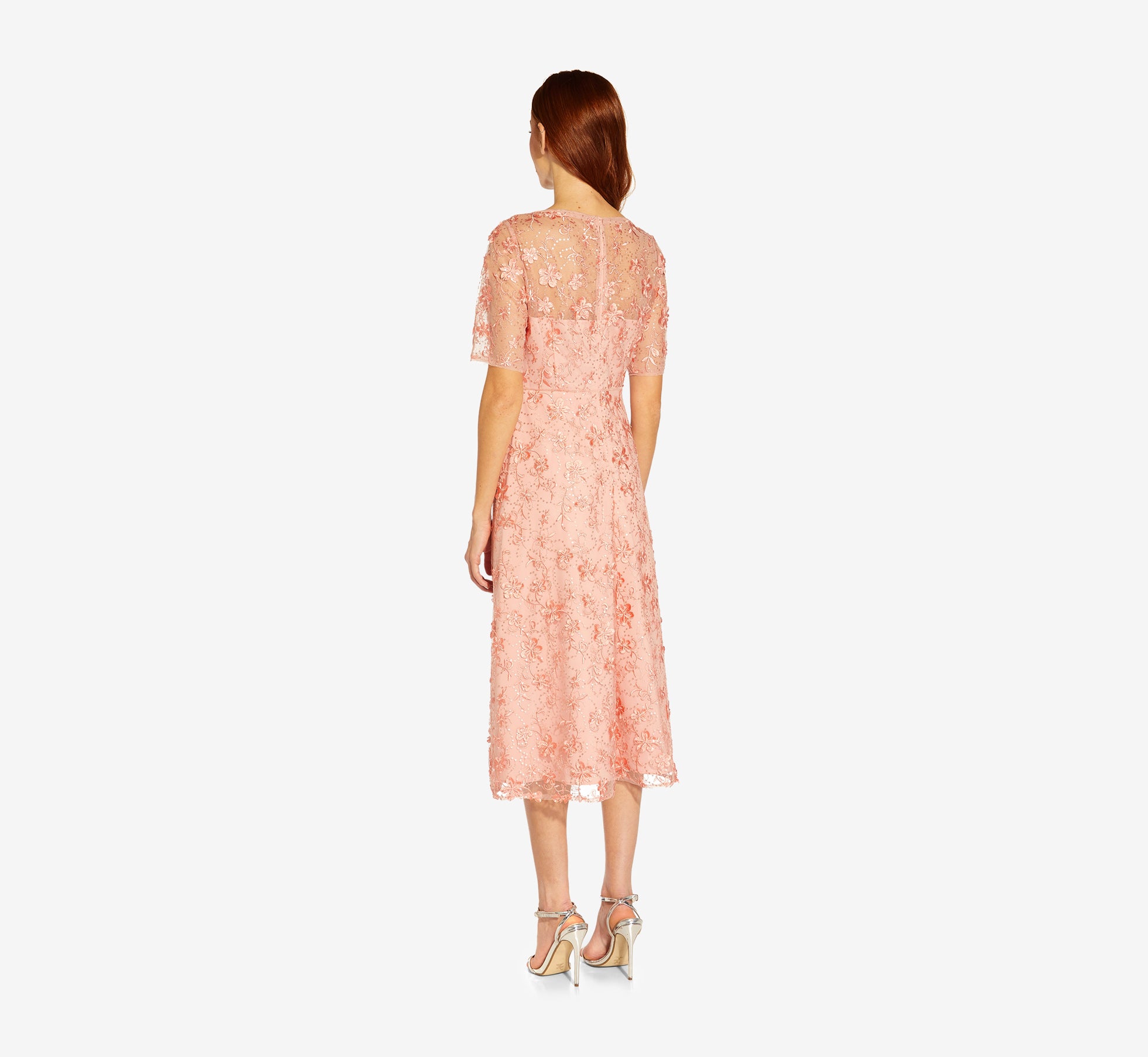 adrianna papell fit and flare tea length cocktail dress Pink 3D Floral Embroidered Hand-Sequined Tea-Length Fit-And Cockt Floral dress Color:As Photo  RED luxury modest dress Vintage Fashion Night Aesthetic Low Back