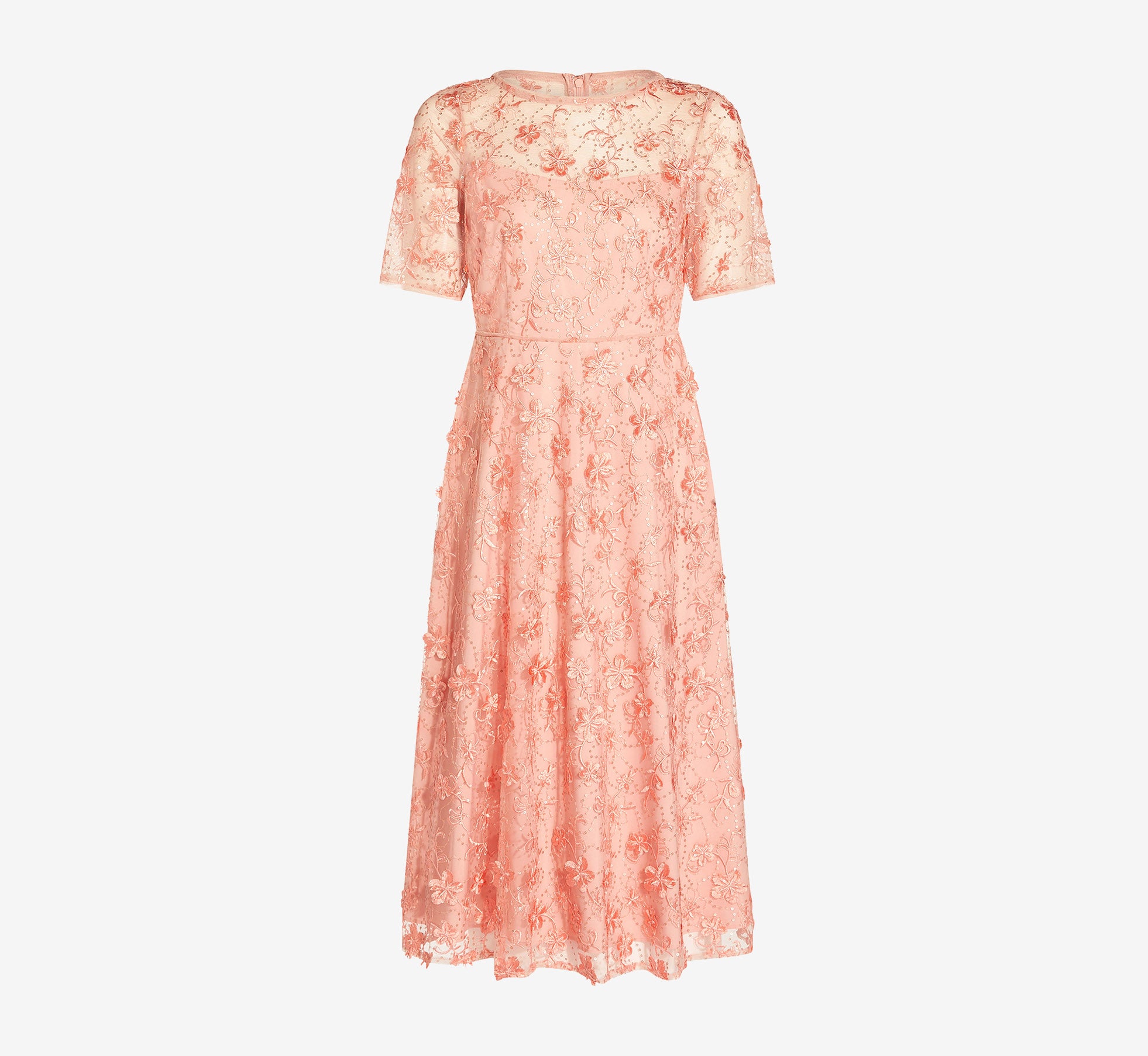 Pink 3D Floral Embroidered And Hand-Sequined Tea-Length Fit-And Flare Cockt 