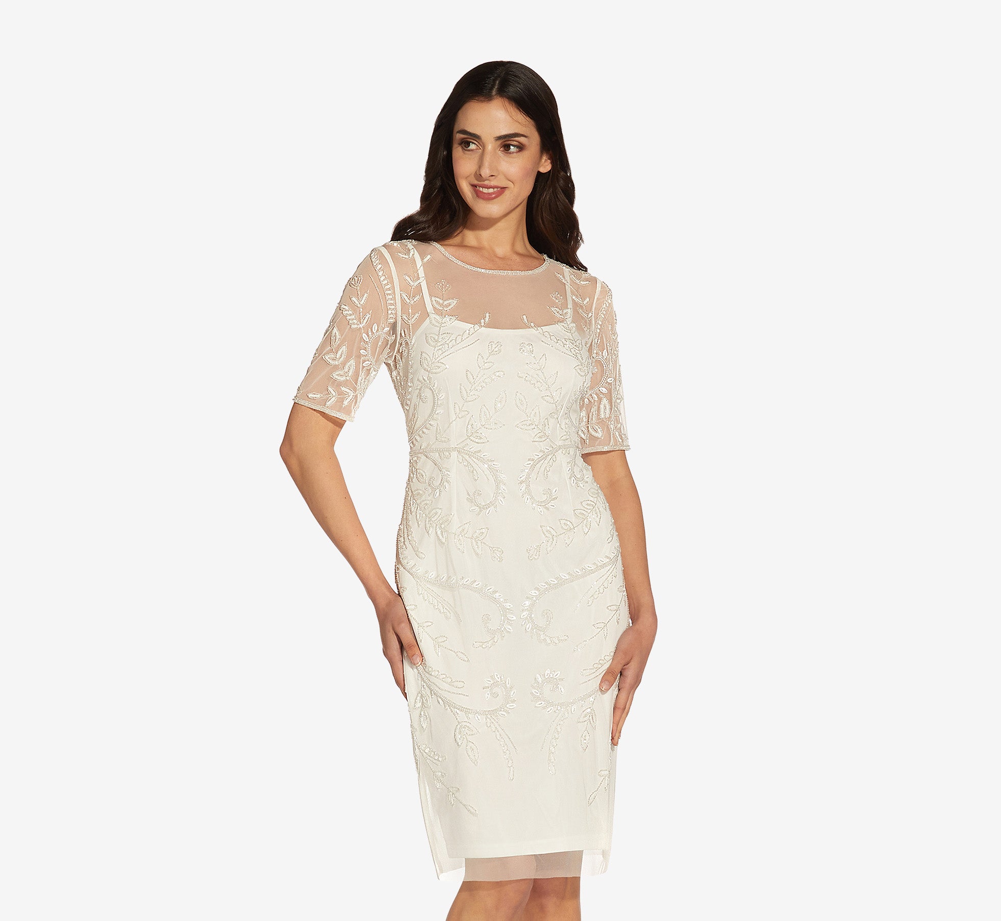 Adrianna Papell Beaded Illusion 3/4 Sleeve Scoop Neck Gown | Dillard's |  Lace evening dresses, Mother of the bride dresses, Gowns