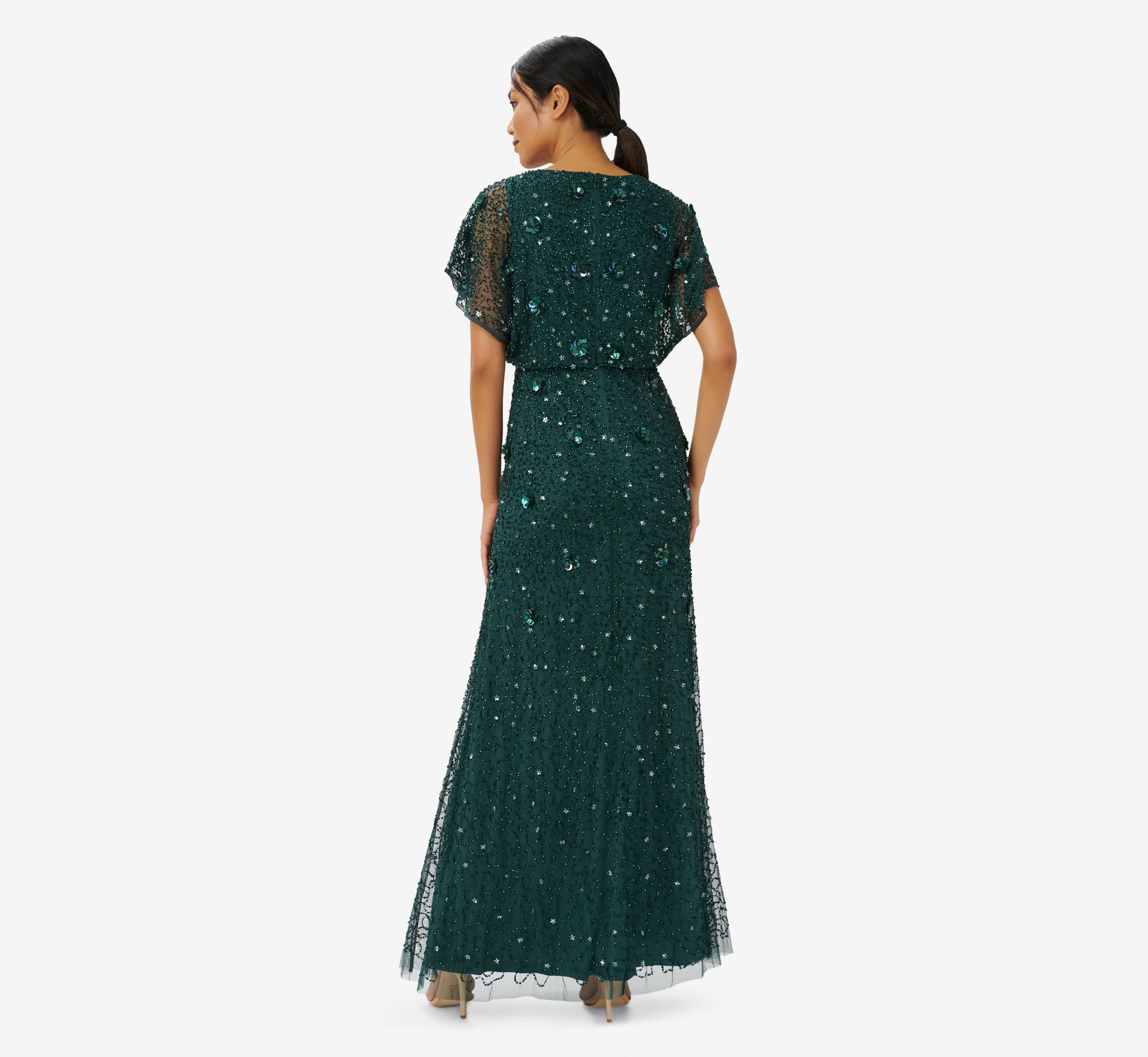 Hand-Beaded 3D Floral Blouson Long Gown In Dusty Emerald
