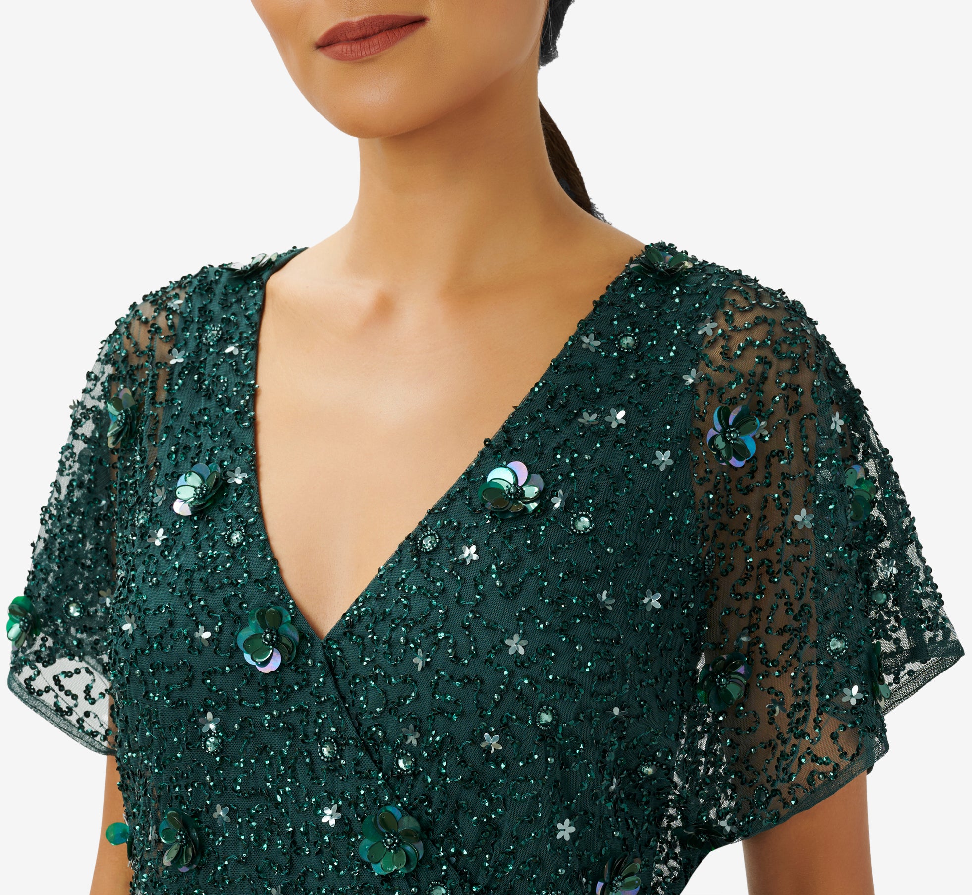 Hand-Beaded 3D Floral Blouson Long Gown In Dusty Emerald