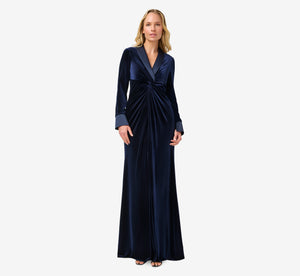 Velvet And Charmeuse Twist Front Long Tuxedo Gown In Midnight