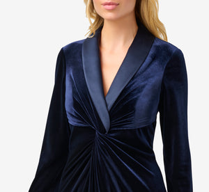 Velvet And Charmeuse Twist Front Long Tuxedo Gown In Midnight