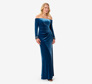 Velvet Off-The-Shoulder Long Gown With Hand-Beaded Cuff In Ocean Wave
