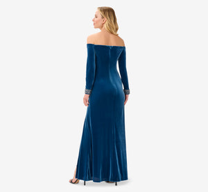Velvet Off-The-Shoulder Long Gown With Hand-Beaded Cuff In Ocean Wave