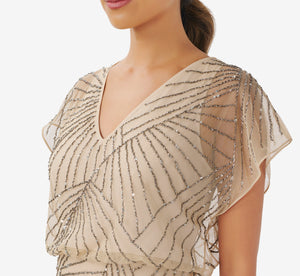 Hand-Beaded Blouson Long Gown With Flutter Sleeves In Nude