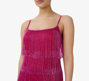 Hand-Beaded And Fringed Short Shift Cocktail Dress In Raspberry Wine