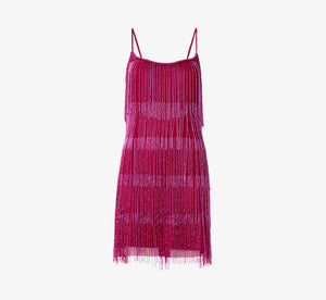 Hand-Beaded And Fringed Short Shift Cocktail Dress In Raspberry Wine