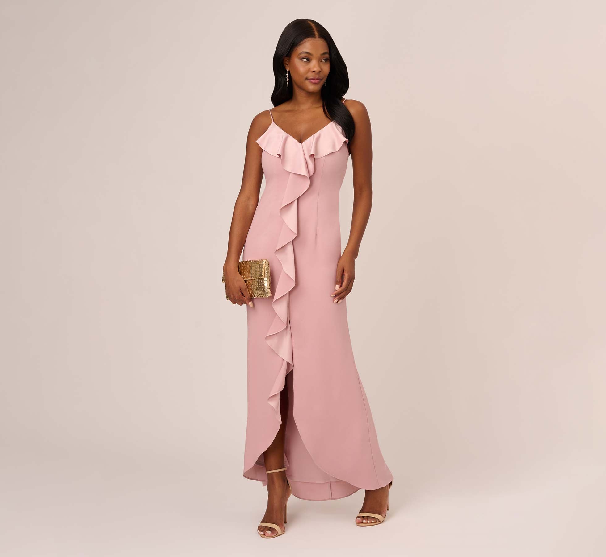 Satin Crepe Ruffle Front Long Gown In Steel Rose