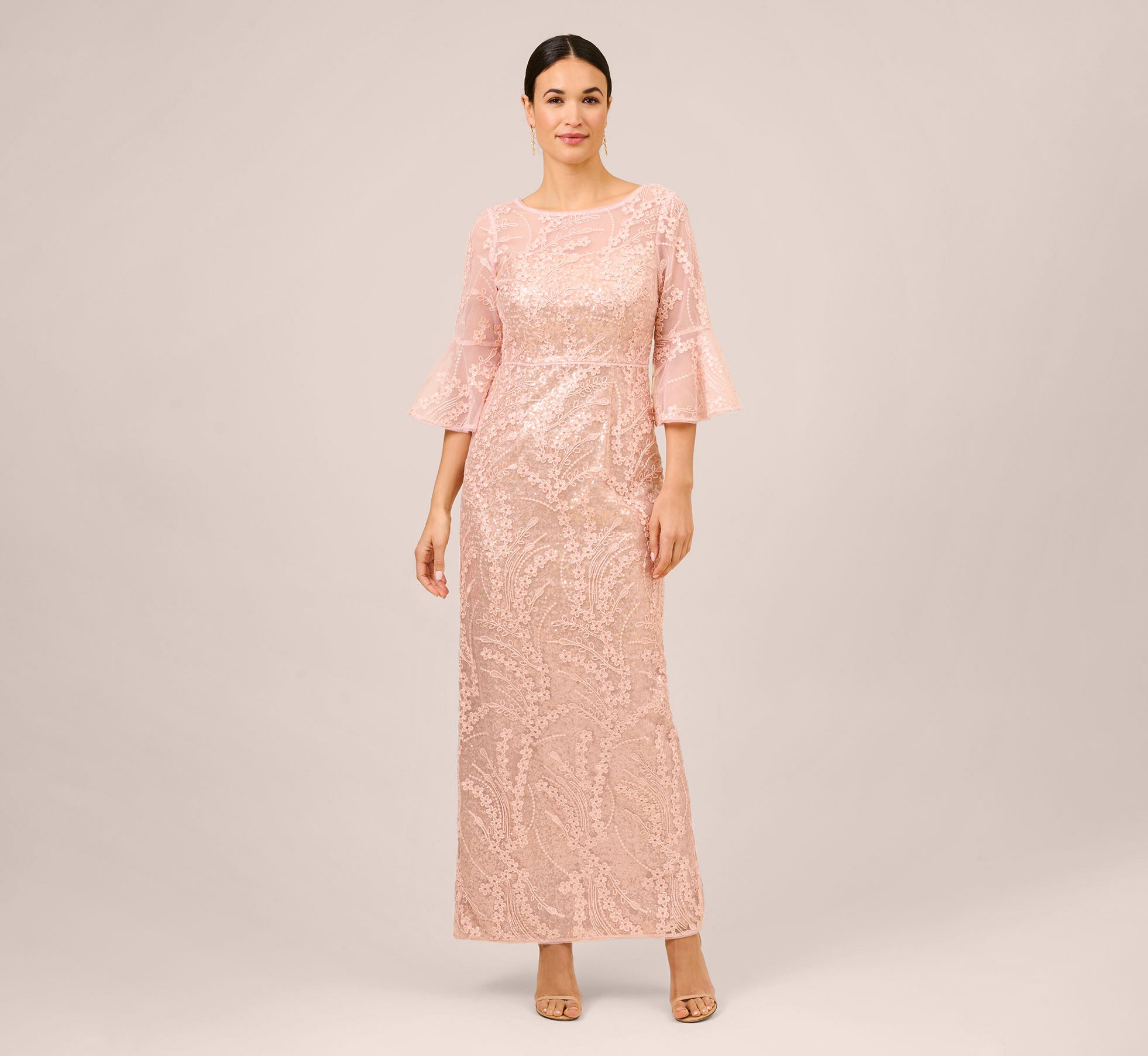 Hand-Sequined And Embroidered Illusion Long Column Gown In Blush