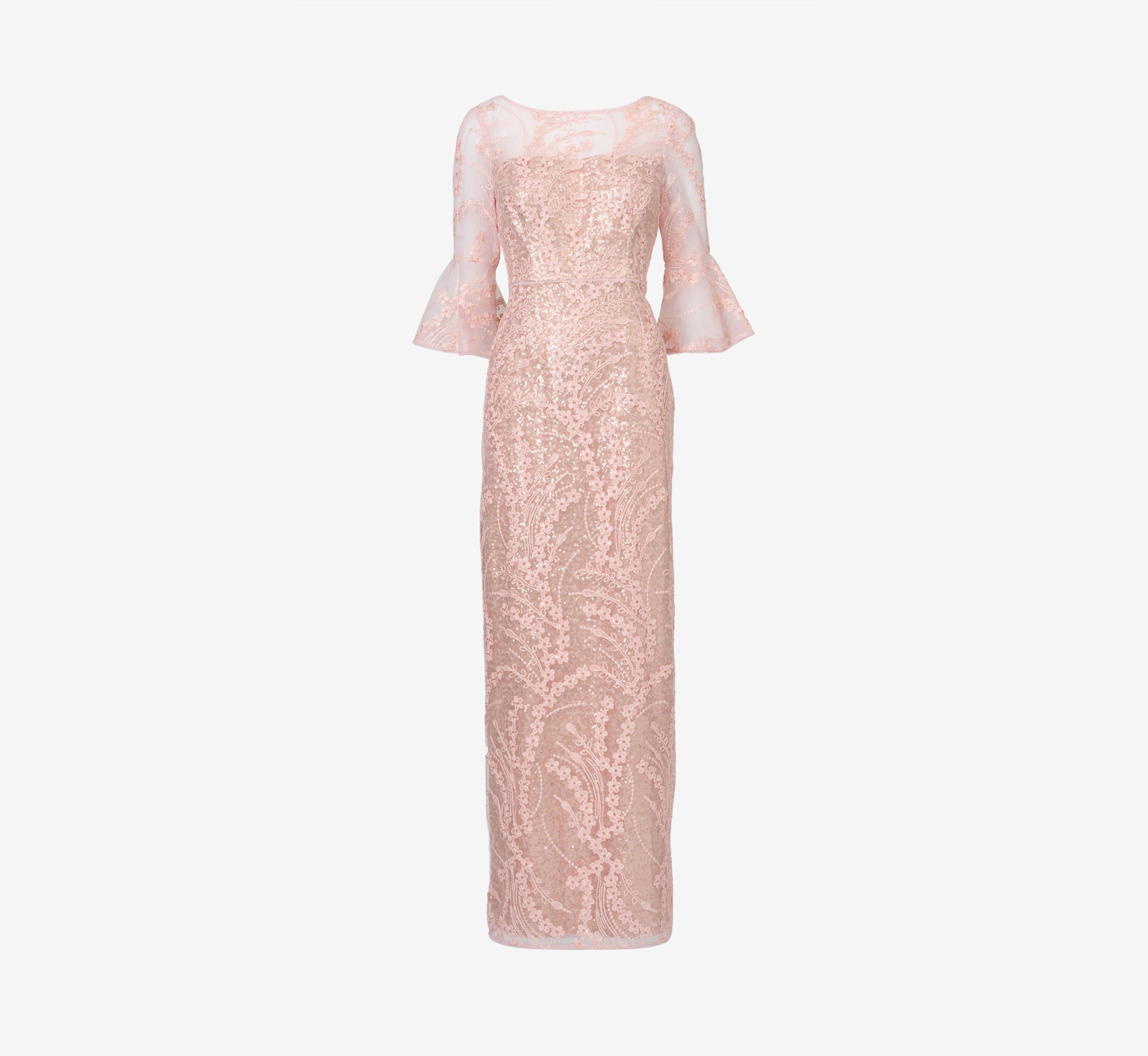 Hand-Sequined And Embroidered Illusion Long Column Gown In Blush