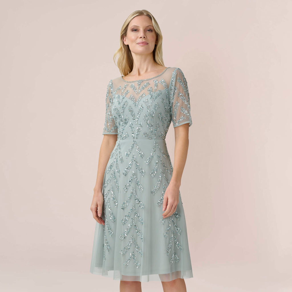 Hand-Beaded Illusion Midi-Length Fit-And-Flare Cocktail Dress In Frost ...