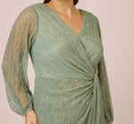 Plus Size Metallic Crinkled Mesh Draped Long Gown In Green Slate 2