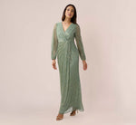 Metallic Crinkled Mesh Draped Long Gown In Green Slate 4