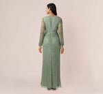 Metallic Crinkled Mesh Draped Long Gown In Green Slate 3
