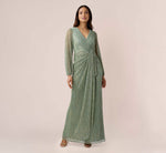Metallic Crinkled Mesh Draped Long Gown In Green Slate 1