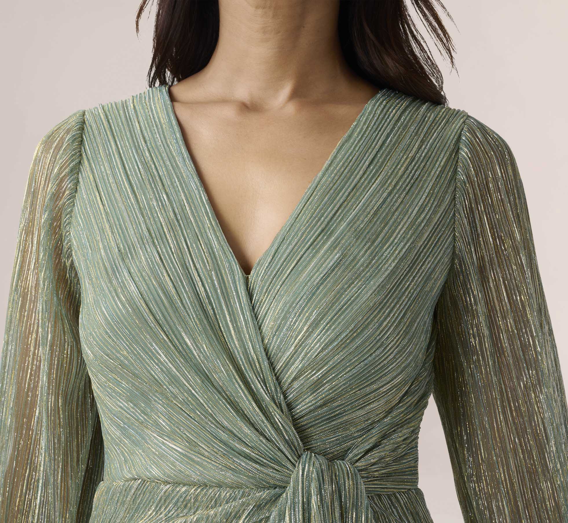Green Metallic Crinkled Mesh Draped Long Gown - Adrianna Papell Green Metallic Crinkled Mesh Draped Long Gown - Adrianna Papell