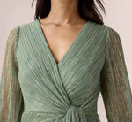 Metallic Crinkled Mesh Draped Long Gown In Green Slate 2