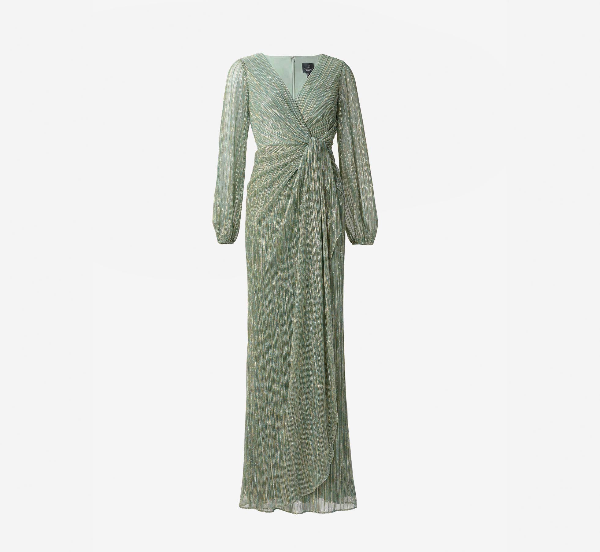 Green Slate Metallic Crinkled Mesh Draped Long Gown - Adrianna Papell Green Slate Metallic Crinkled Mesh Draped Long Gown - Adrianna Papell