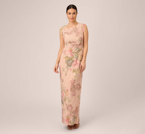Floral Metallic Stretch Matelasse Long Column Gown In Pink Multi
