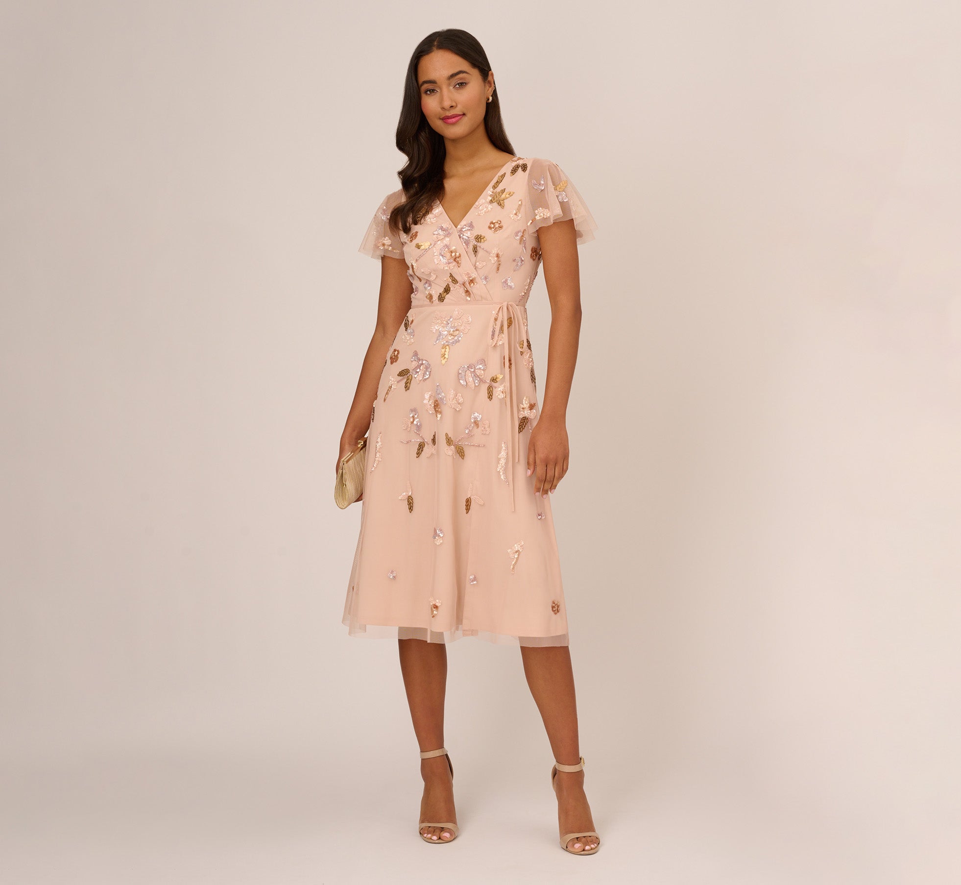 Floral Beaded Faux Wrap Dress With Sheer Flutter Sleeves In Blush Multi