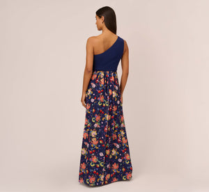 One Shoulder Dress With Multicolor Floral Chiffon Skirt In Navy Multi
