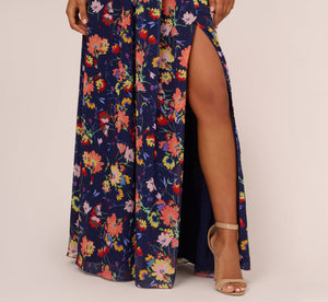 One Shoulder Dress With Multicolor Floral Chiffon Skirt In Navy Multi