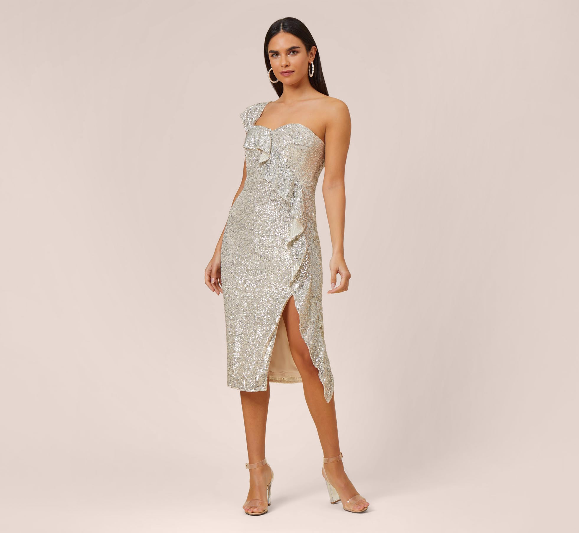 Produktion studieafgift Medicin Sequined One-Shoulder Midi-Length Cocktail Dress With Ruffle In Champa | Adrianna  Papell