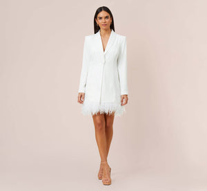 Charmeuse Tuxedo Short Sheath Cocktail Dress With Feather Trim In Ivory