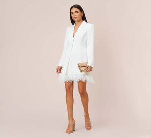 Charmeuse Tuxedo Short Sheath Cocktail Dress With Feather Trim In Ivory