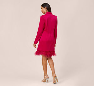 Charmeuse Tuxedo Short Sheath Cocktail Dress With Feather Trim In Bright Rose