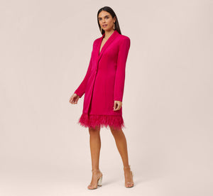 Charmeuse Tuxedo Short Sheath Cocktail Dress With Feather Trim In Bright Rose