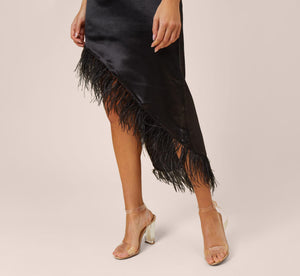 One-Shoulder Satin Dress With Feather Trim In Black