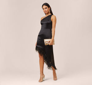 One-Shoulder Satin Dress With Feather Trim In Black