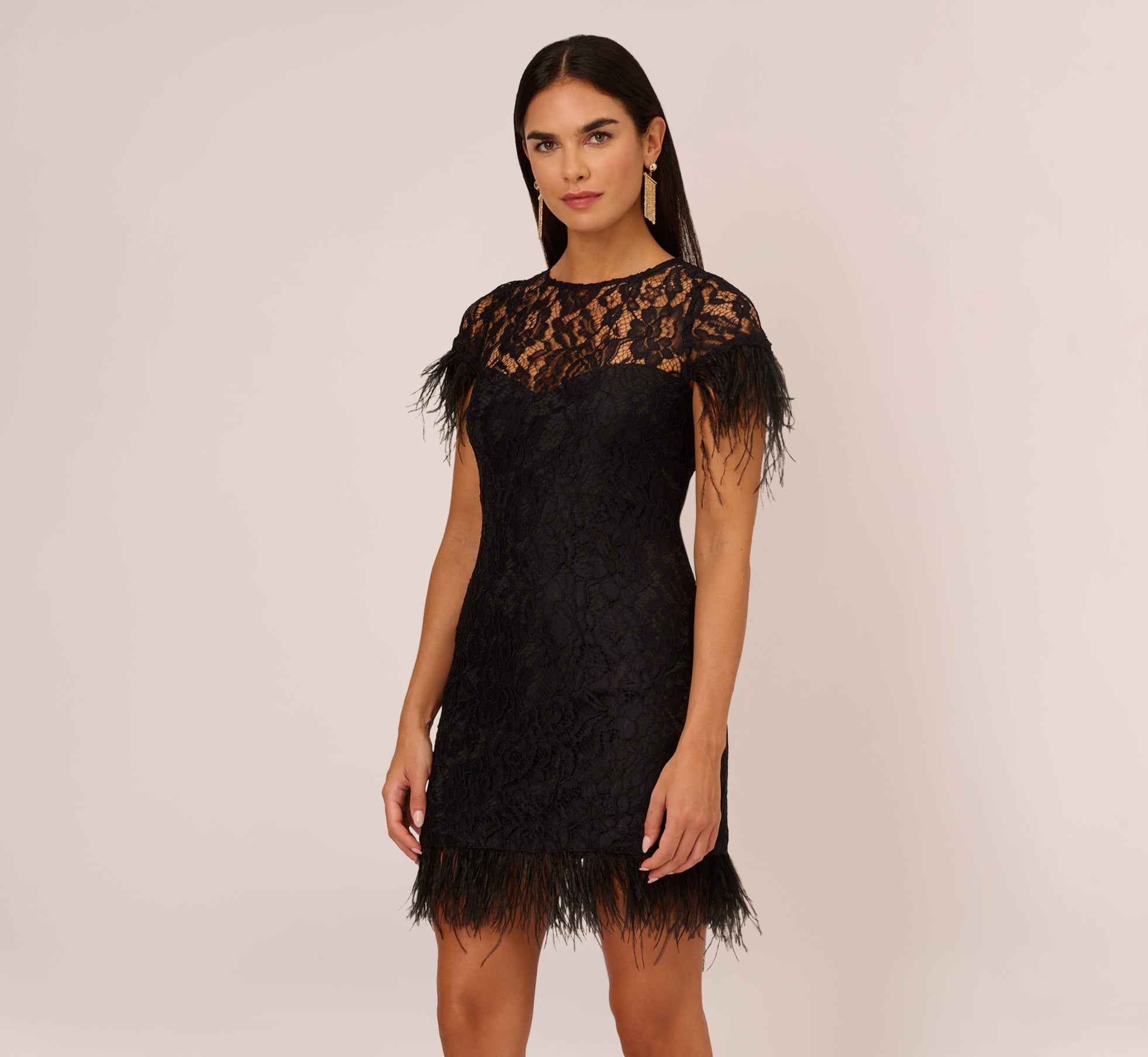 Black Floral Lace And Feather Trimmed Short Sheath Cocktail Dress - Adrianna Papell Black Floral Lace And Feather Trimmed Short Sheath Cocktail Dress - Adrianna Papell