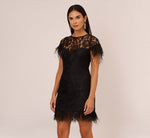 Floral Lace And Feather Trimmed Short Sheath Cocktail Dress In Black 2
