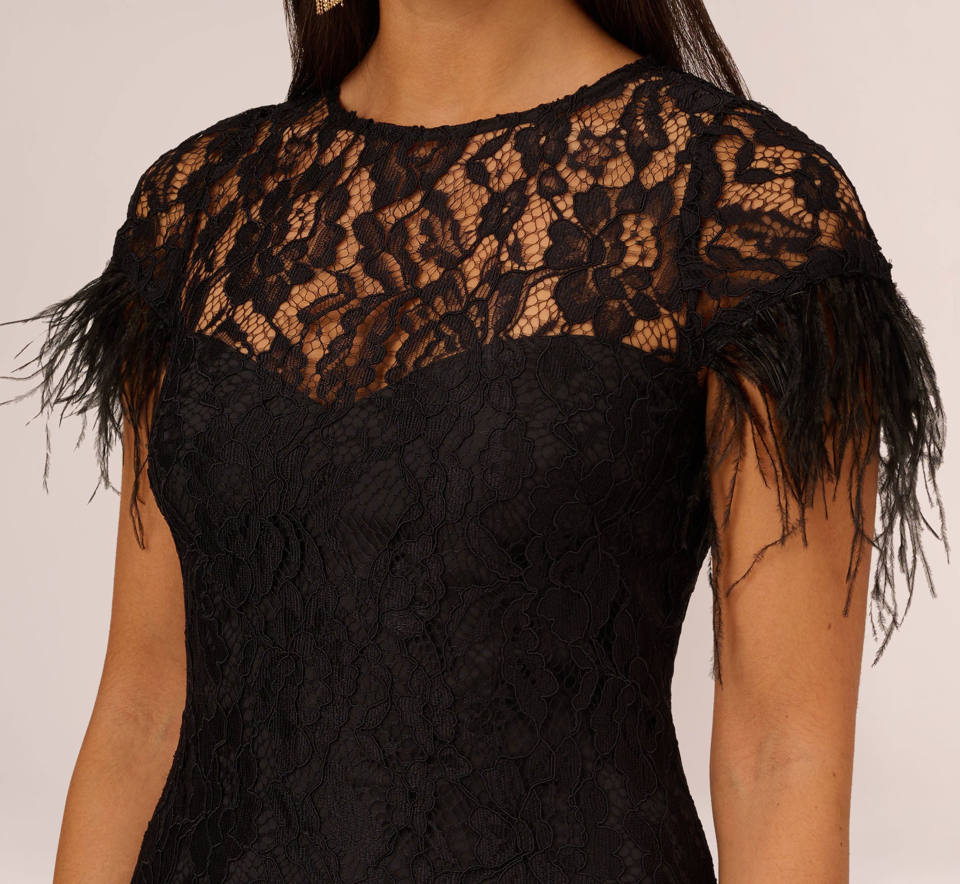 Black Floral Lace And Feather Trimmed Short Sheath Cocktail Dress - Adrianna Papell Black Floral Lace And Feather Trimmed Short Sheath Cocktail Dress - Adrianna Papell
