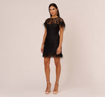Floral Lace And Feather Trimmed Short Sheath Cocktail Dress In Black 7