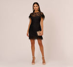 Floral Lace And Feather Trimmed Short Sheath Cocktail Dress In Black 1