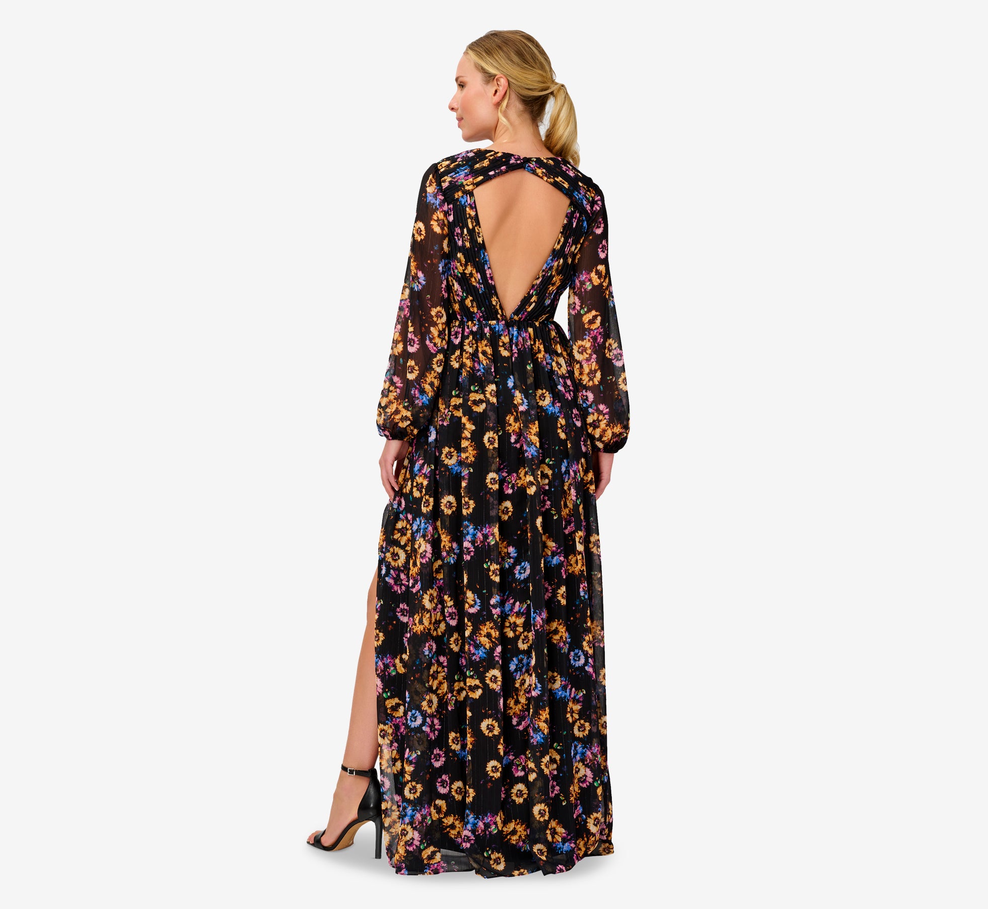 maxi dress chiffon long sleeve Aidan Mattox Pleated Chiffon Gown, 0 / Black